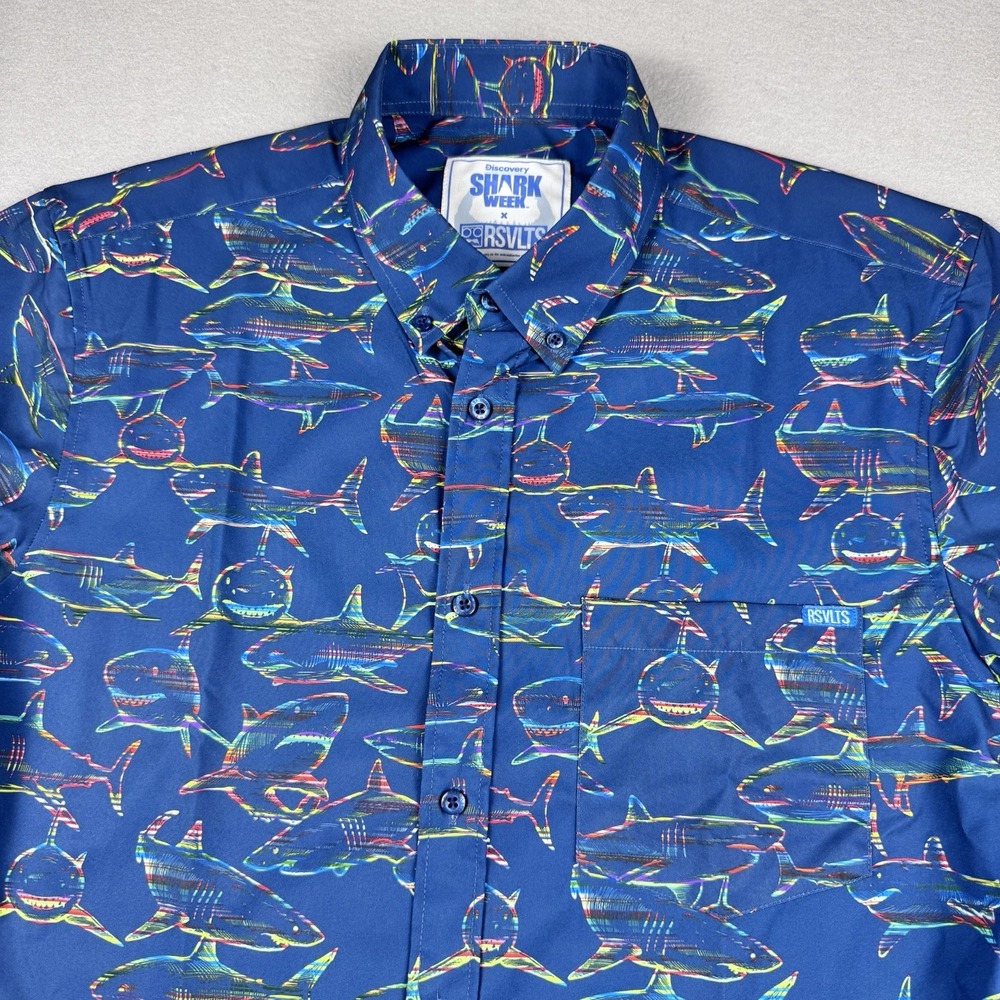 RSVLTS Kunuflex Shark Week Button Shirt Men M Blue Discovery Stretch Wicking